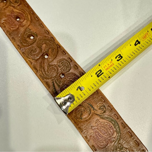 Tooled Brown Leather Belt | Embossed Scroll Design | Size S | Genuine Leather - Picture 9 of 12